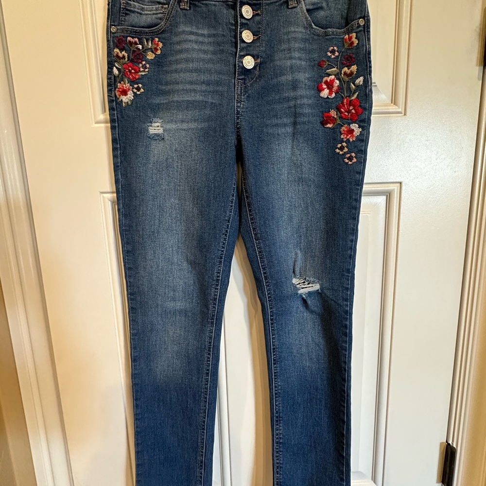 Girls Embroidered Skinny Blue Jeans Size 14